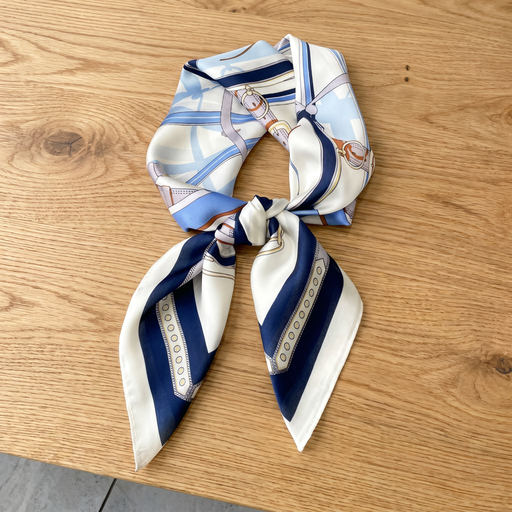 Roselys Paris foulard femme bleu blanc abstrait carré satiné 70x70 cm