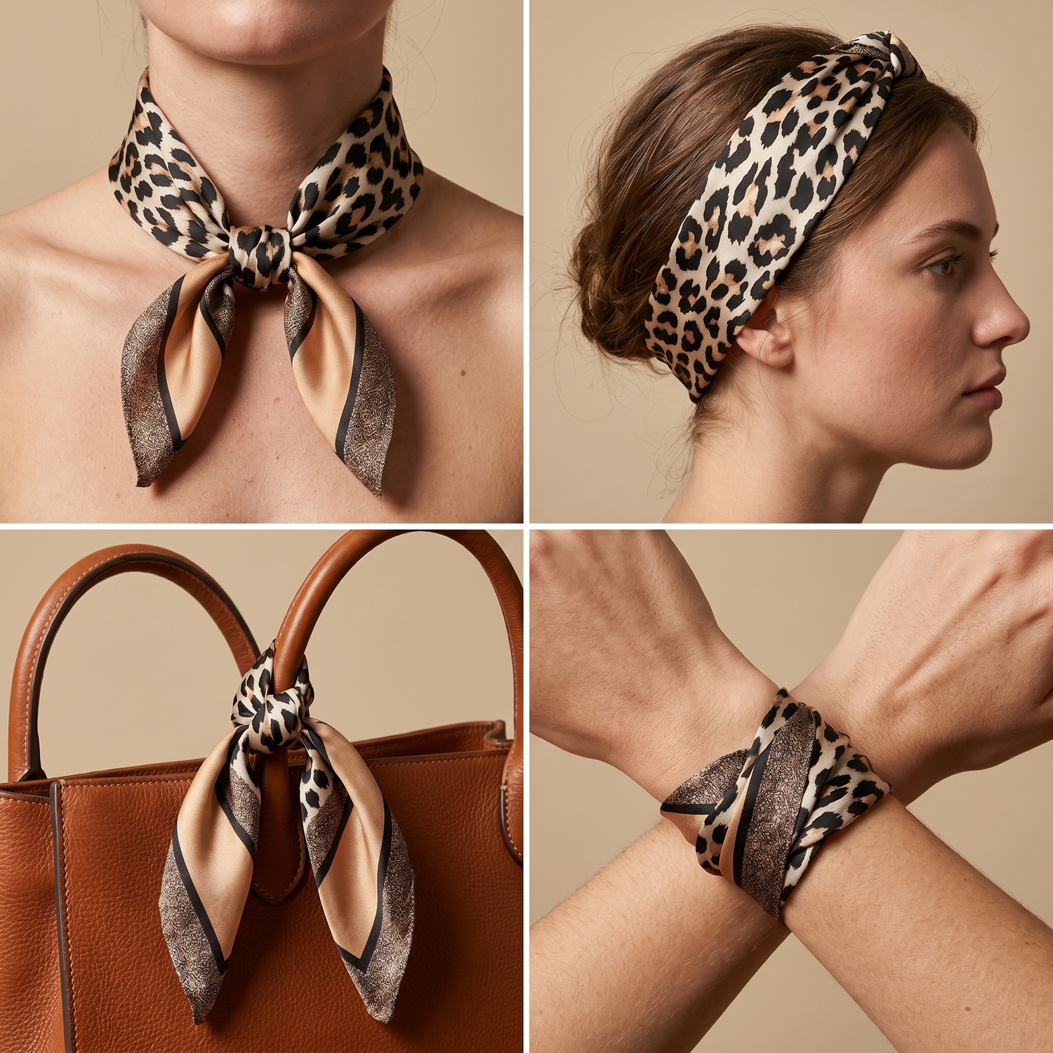 Roselys Paris foulard femme marron noir animalier carré satiné 70x70 cm, en bandeau dans les cheveux