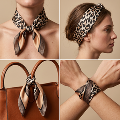 Roselys Paris foulard femme marron noir animalier carré satiné 70x70 cm, en bandeau dans les cheveux