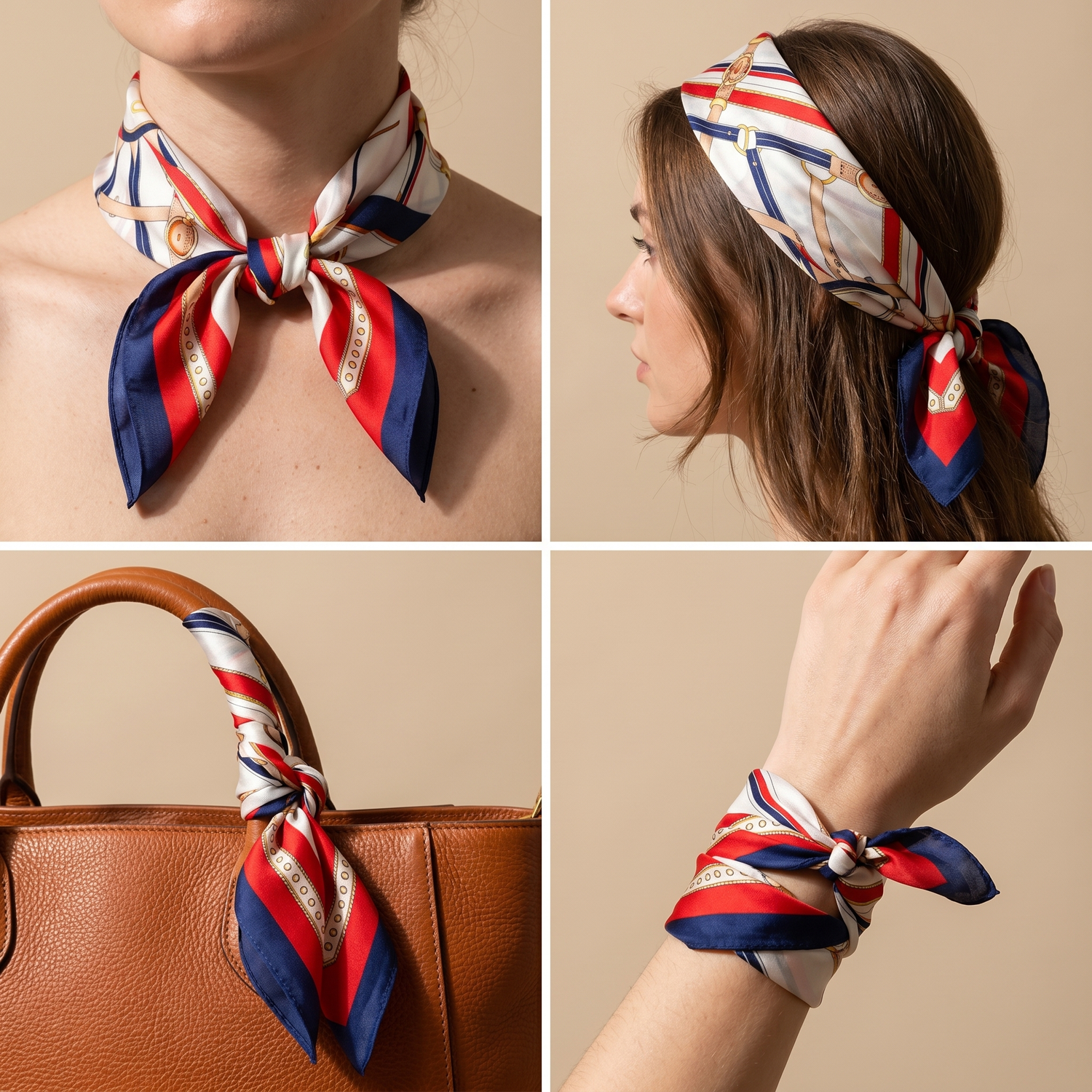 Roselys Paris foulard femme rouge bleu géométrique carré satiné 70x70 cm, en bandeau dans les cheveux