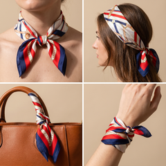 Roselys Paris foulard femme rouge bleu géométrique carré satiné 70x70 cm, en bandeau dans les cheveux