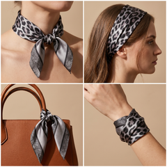 Roselys Paris foulard femme gris noir animalier carré satiné 70x70 cm, en bandeau dans les cheveux