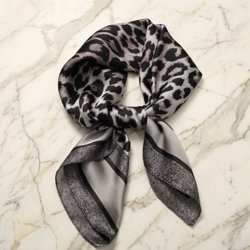 Roselys Paris foulard femme gris noir animalier carré satiné 70x70 cm