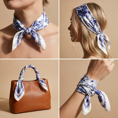 Roselys Paris foulard femme blanc bleu baroque carré satiné 70x70 cm, en bandeau dans les cheveux