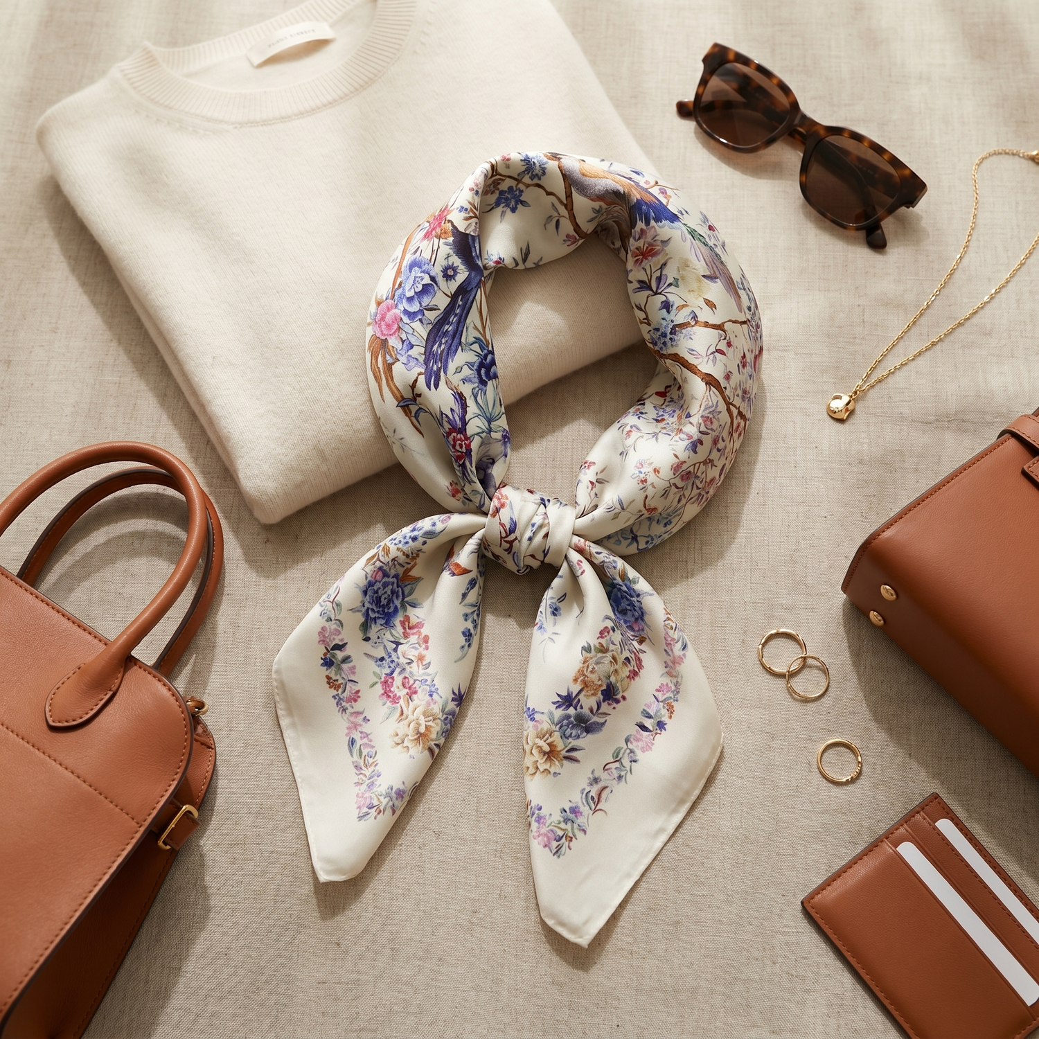 Roselys Paris foulard femme blanc rose fleuri carré satiné 70x70 cm, porté au cou
