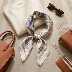 Roselys Paris foulard femme blanc rose fleuri carré satiné 70x70 cm, porté au cou