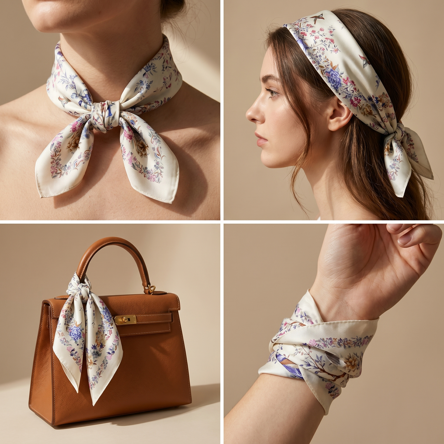 Roselys Paris foulard femme blanc rose fleuri carré satiné 70x70 cm, en bandeau dans les cheveux