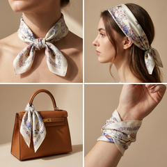 Roselys Paris foulard femme blanc rose fleuri carré satiné 70x70 cm, en bandeau dans les cheveux