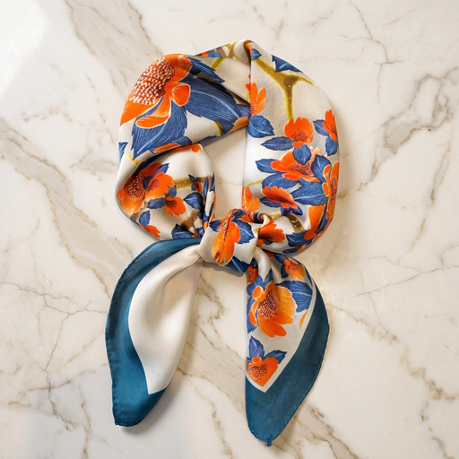 Roselys Paris foulard femme orange bleu fleuri carré satiné 70x70 cm