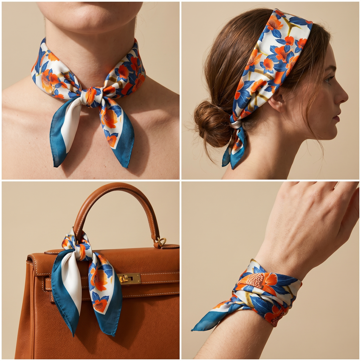 Roselys Paris foulard femme orange bleu fleuri carré satiné 70x70 cm, en bandeau dans les cheveux
