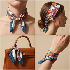 Roselys Paris foulard femme orange bleu fleuri carré satiné 70x70 cm, en bandeau dans les cheveux