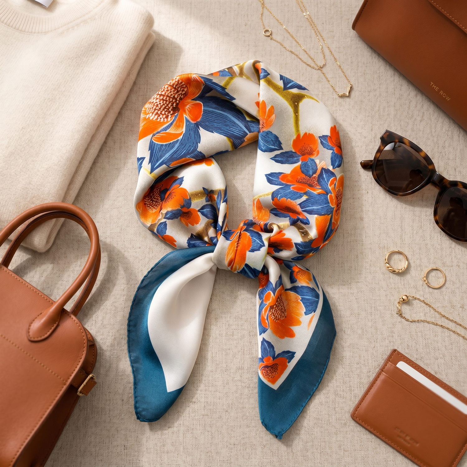 Roselys Paris foulard femme orange bleu fleuri carré satiné 70x70 cm, porté au cou