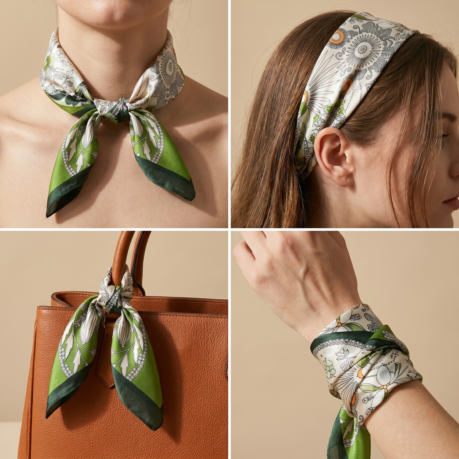 Roselys Paris foulard femme blanc vert fleuri carré satiné 70x70 cm, en bandeau dans les cheveux