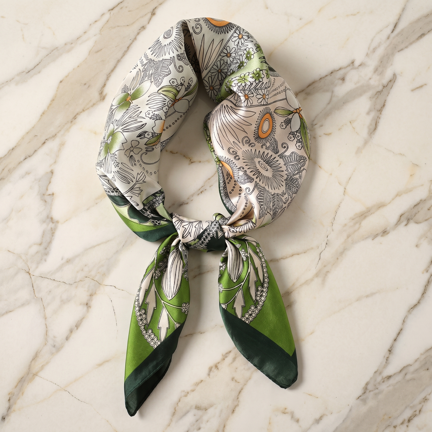 Roselys Paris foulard femme blanc vert fleuri carré satiné 70x70 cm