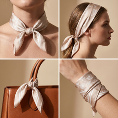Roselys Paris foulard femme beige rose abstrait carré satiné 70x70 cm, en bandeau dans les cheveux
