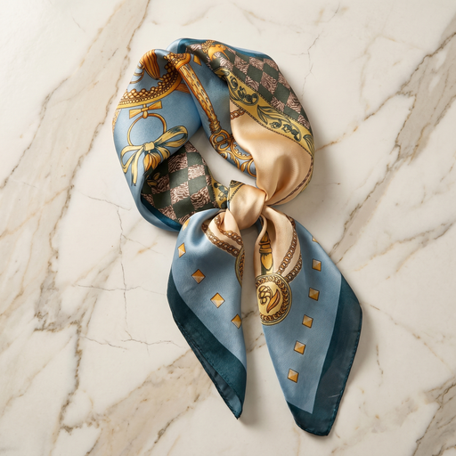 Roselys Paris foulard femme bleu crème fleuri carré satiné 70x70 cm