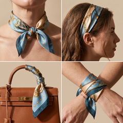 Roselys Paris foulard femme bleu crème fleuri carré satiné 70x70 cm, en bandeau dans les cheveux