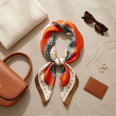 Roselys Paris foulard femme crème orange baroque carré satiné 70x70 cm, porté au cou