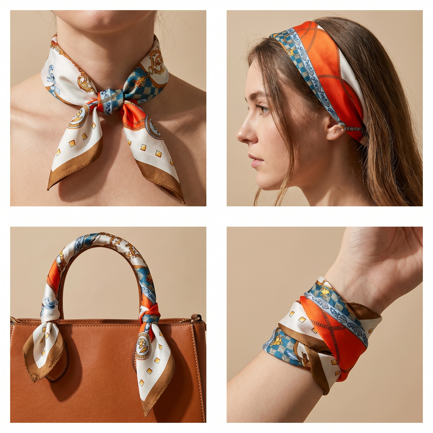 Roselys Paris foulard femme crème orange baroque carré satiné 70x70 cm, en bandeau dans les cheveux