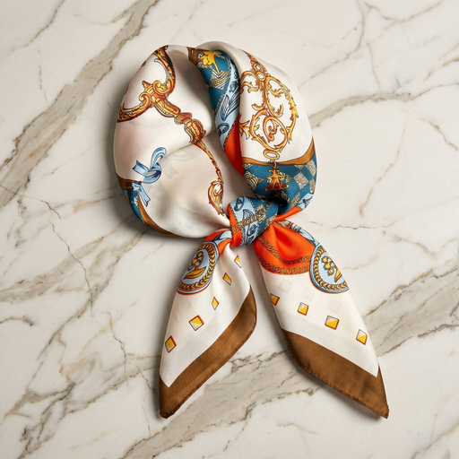 Roselys Paris foulard femme crème orange baroque carré satiné 70x70 cm