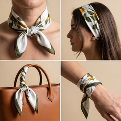 Roselys Paris foulard femme blanc vert fleuri carré satiné 70x70 cm, en bandeau dans les cheveux