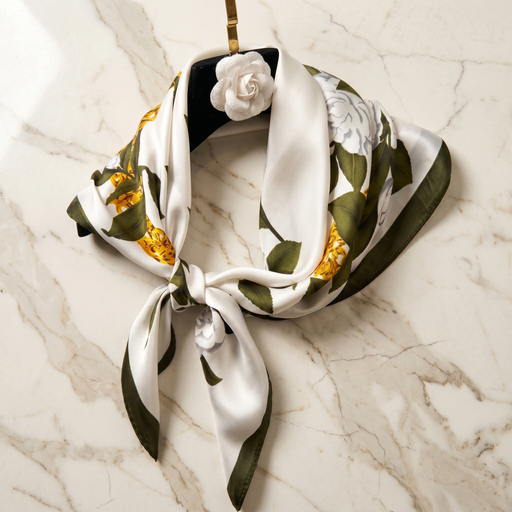 Roselys Paris foulard femme blanc vert fleuri carré satiné 70x70 cm