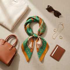 Roselys Paris foulard femme vert marron baroque carré satiné 70x70 cm, porté au cou