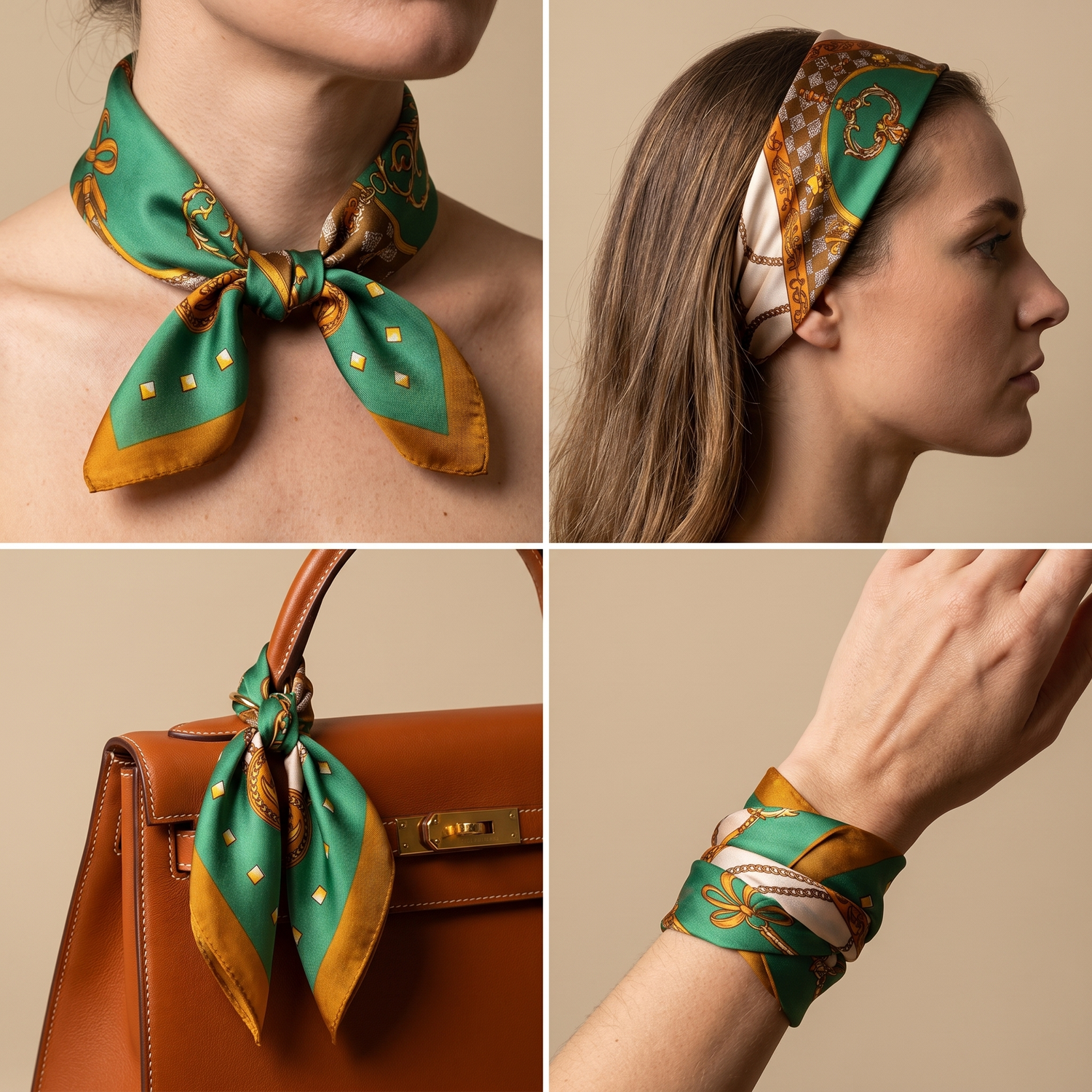 Roselys Paris foulard femme vert marron baroque carré satiné 70x70 cm, en bandeau dans les cheveux