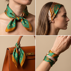 Roselys Paris foulard femme vert marron baroque carré satiné 70x70 cm, en bandeau dans les cheveux
