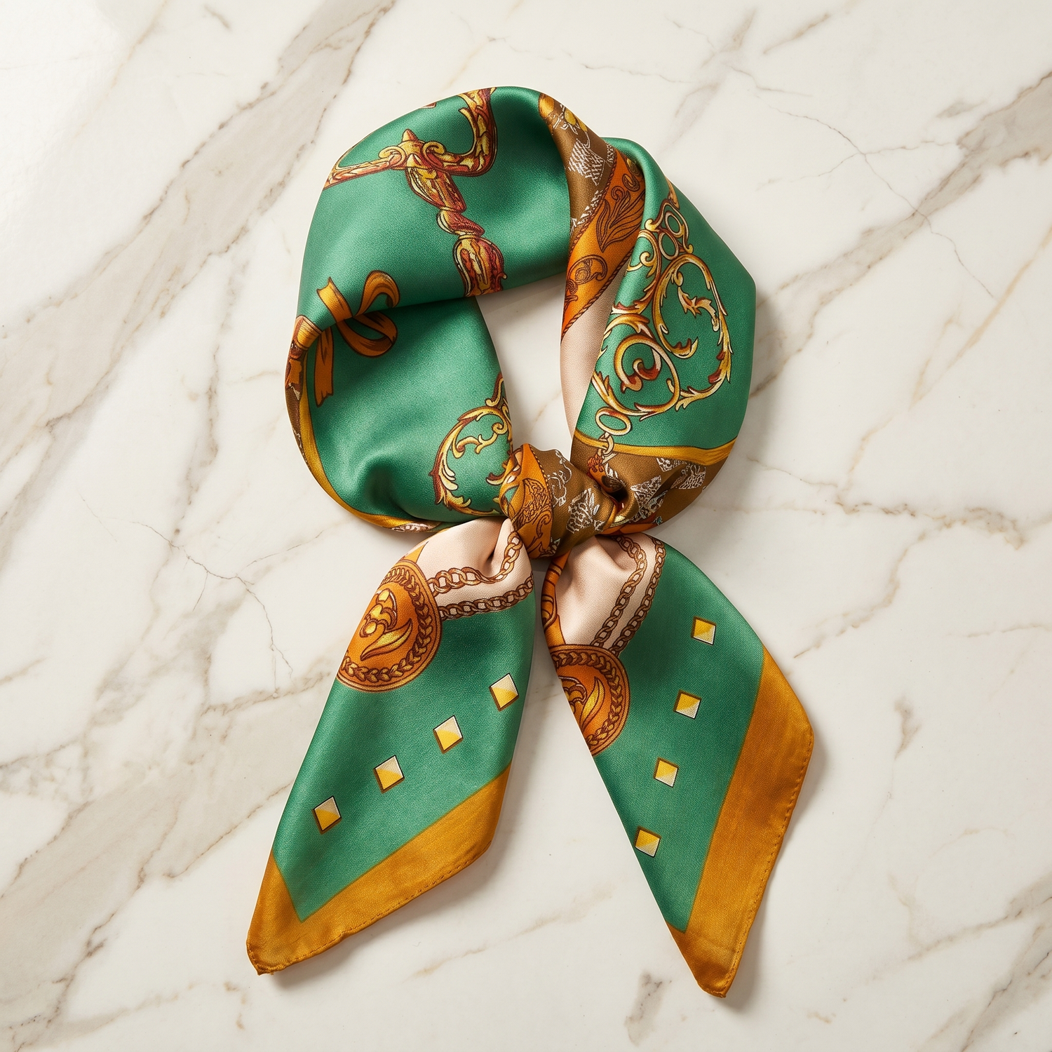 Roselys Paris foulard femme vert marron baroque carré satiné 70x70 cm