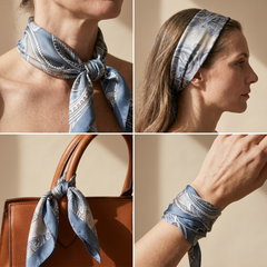 Roselys Paris foulard femme bleu gris paisley carré satiné 70x70 cm, en bandeau dans les cheveux