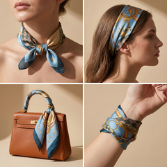 Roselys Paris foulard femme bleu doré baroque carré satiné 70x70 cm, en bandeau dans les cheveux