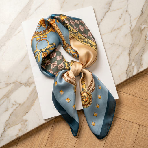 Roselys Paris foulard femme bleu doré baroque carré satiné 70x70 cm