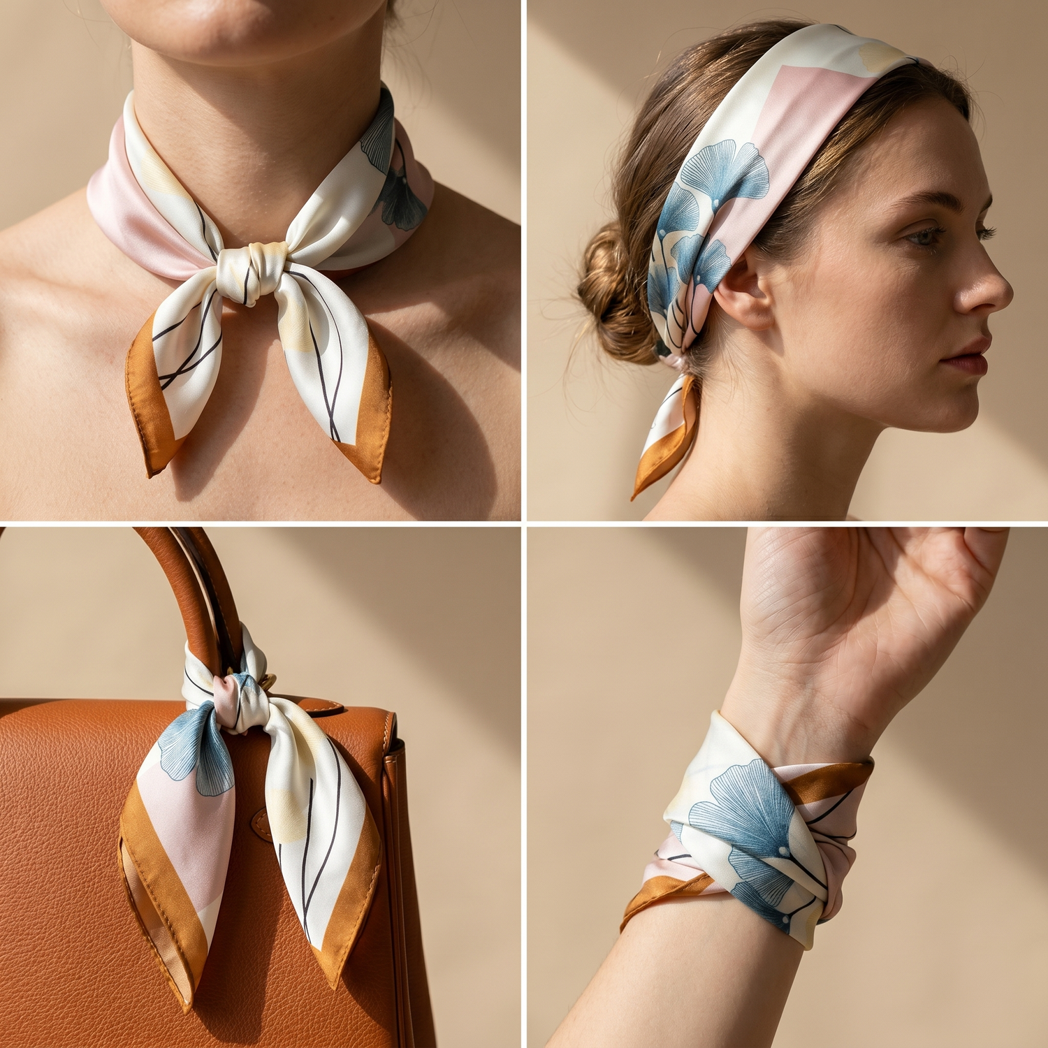 Roselys Paris foulard femme crème doré fleuri carré satiné 70x70 cm, porté au cou