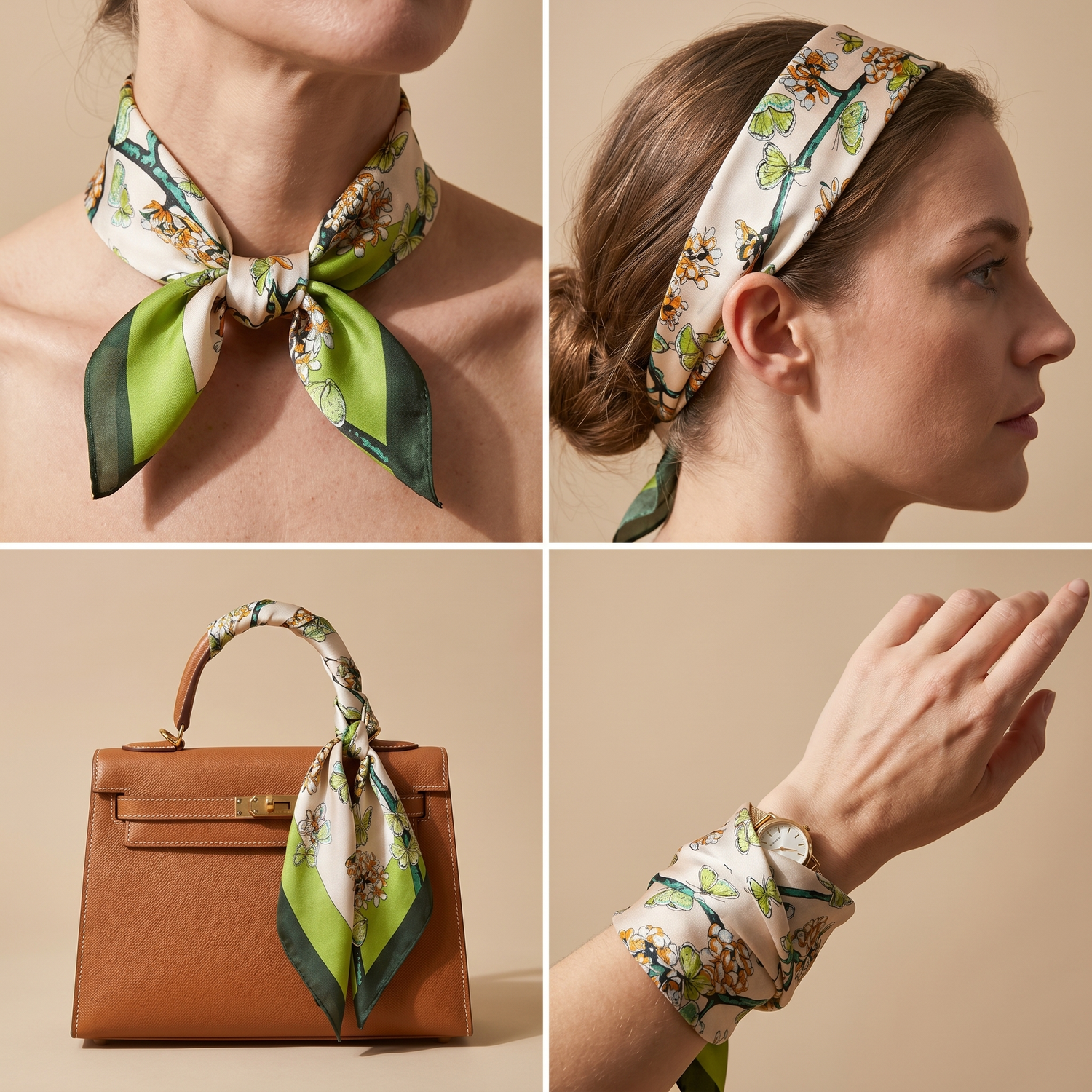 Roselys Paris foulard femme blanc vert fleuri carré satiné 70x70 cm, en bandeau dans les cheveux