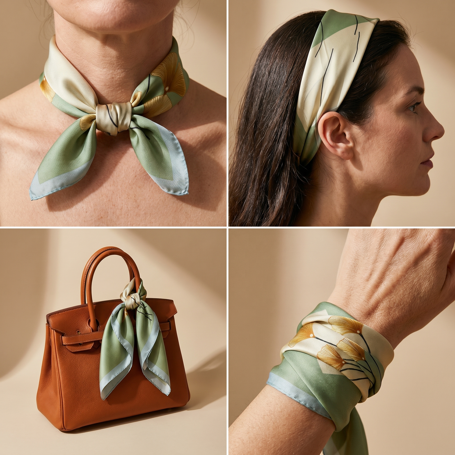 Roselys Paris foulard femme crème vert fleuri carré satiné 70x70 cm, porté au cou