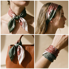 Roselys Paris foulard femme rose vert paisley carré satiné 70x70 cm, en bandeau dans les cheveux