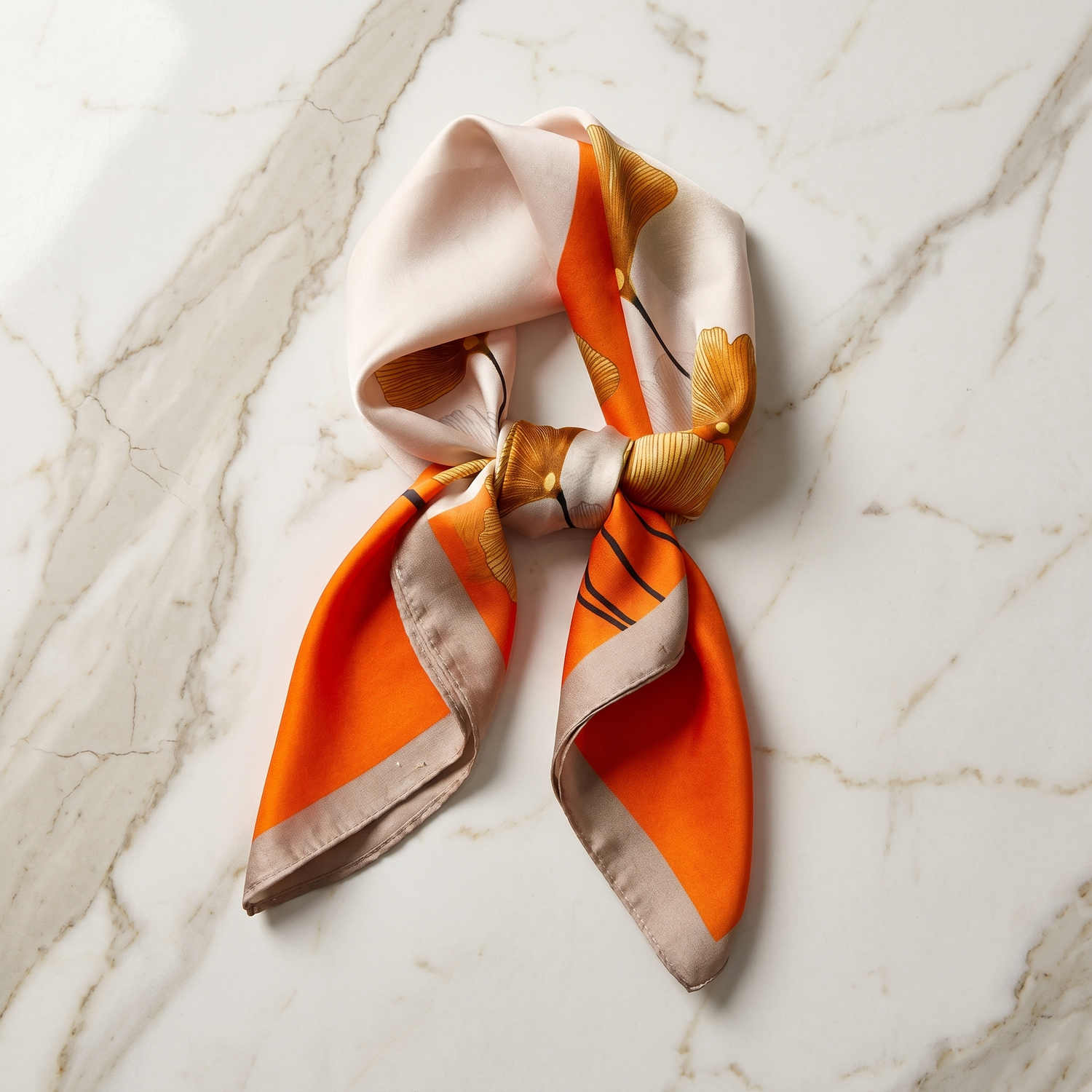 Roselys Paris foulard femme crème orange abstrait carré satiné 70x70 cm