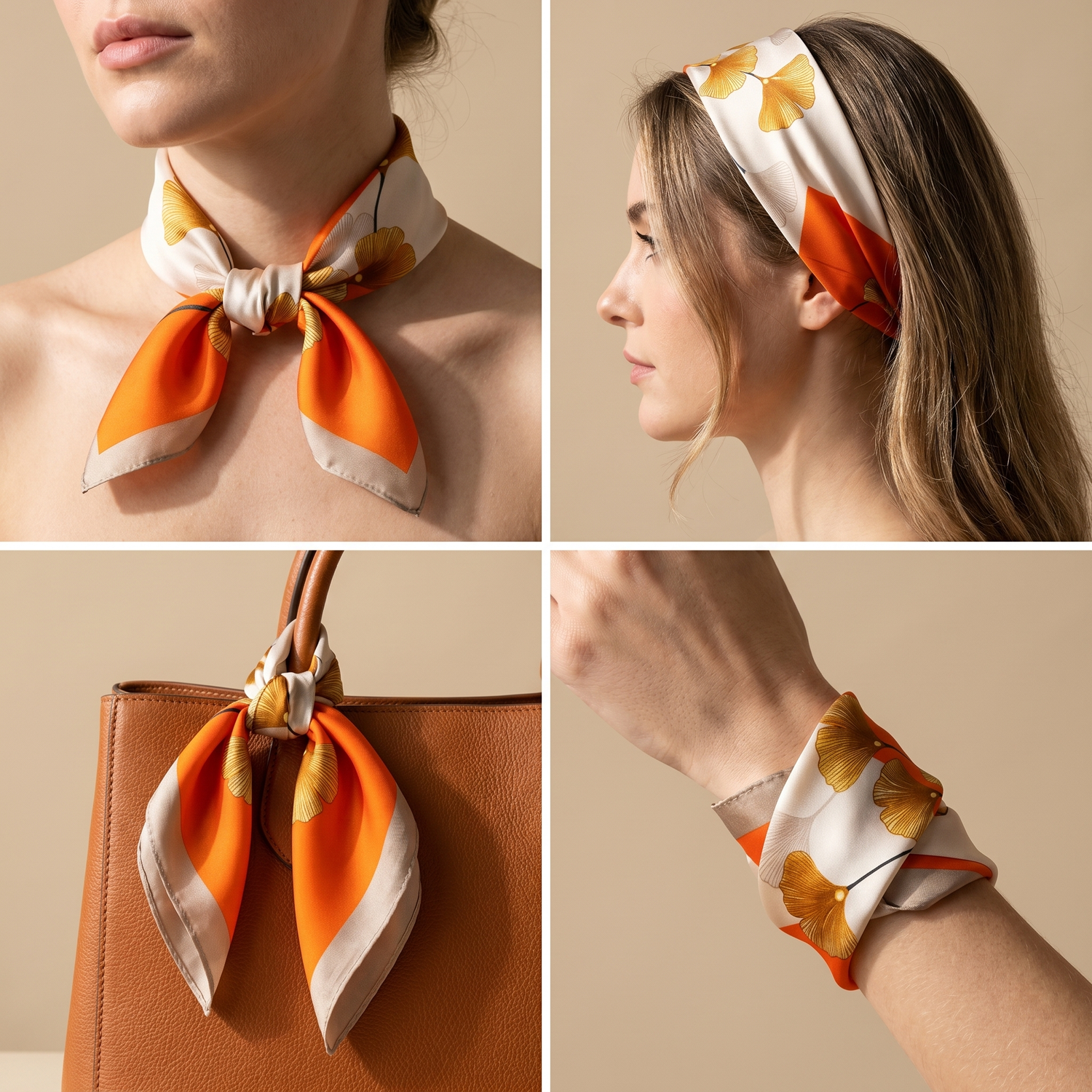 Roselys Paris foulard femme crème orange abstrait carré satiné 70x70 cm, en bandeau dans les cheveux