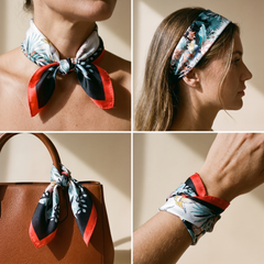 Roselys Paris foulard femme noir rouge fleuri carré satiné 70x70 cm, en bandeau dans les cheveux