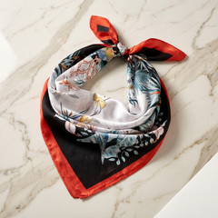 Roselys Paris foulard femme noir rouge fleuri carré satiné 70x70 cm