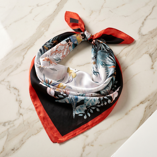 Roselys Paris foulard femme noir rouge fleuri carré satiné 70x70 cm