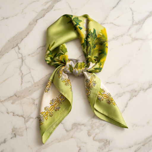 Roselys Paris foulard femme vert jaune fleuri carré satiné 70x70 cm