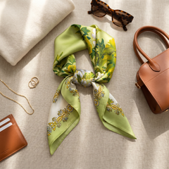 Roselys Paris foulard femme vert jaune fleuri carré satiné 70x70 cm, porté au cou
