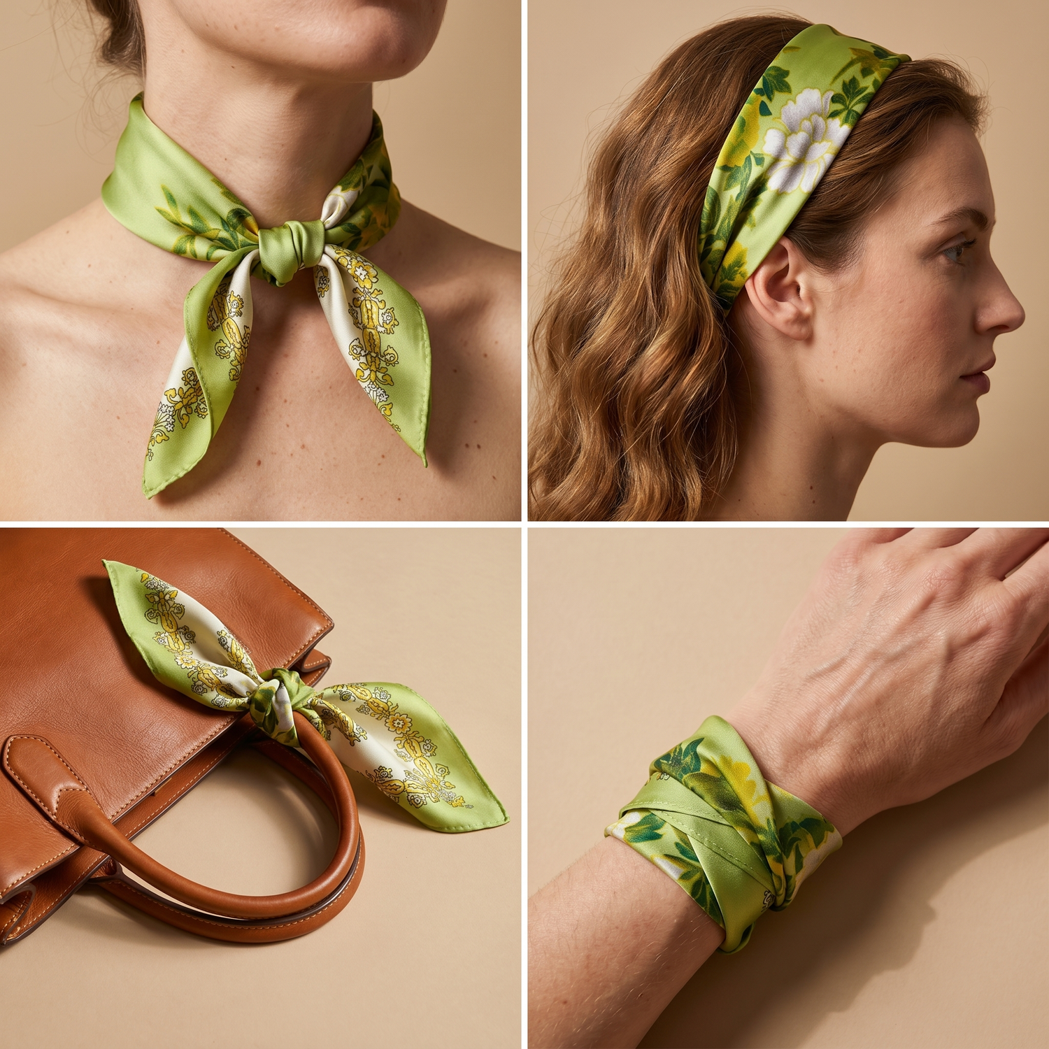 Roselys Paris foulard femme vert jaune fleuri carré satiné 70x70 cm, en bandeau dans les cheveux