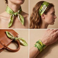 Roselys Paris foulard femme vert jaune fleuri carré satiné 70x70 cm, en bandeau dans les cheveux