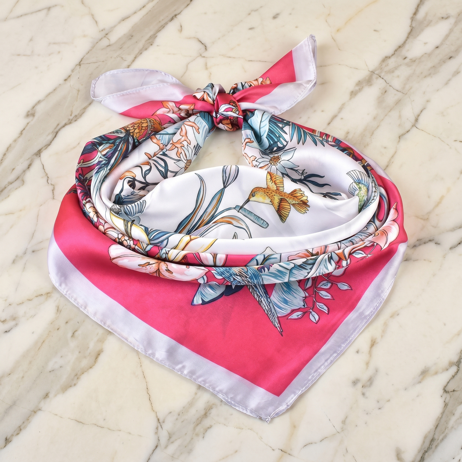 Roselys Paris foulard femme rose bleu fleuri carré satiné 70x70 cm