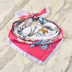 Roselys Paris foulard femme rose bleu fleuri carré satiné 70x70 cm