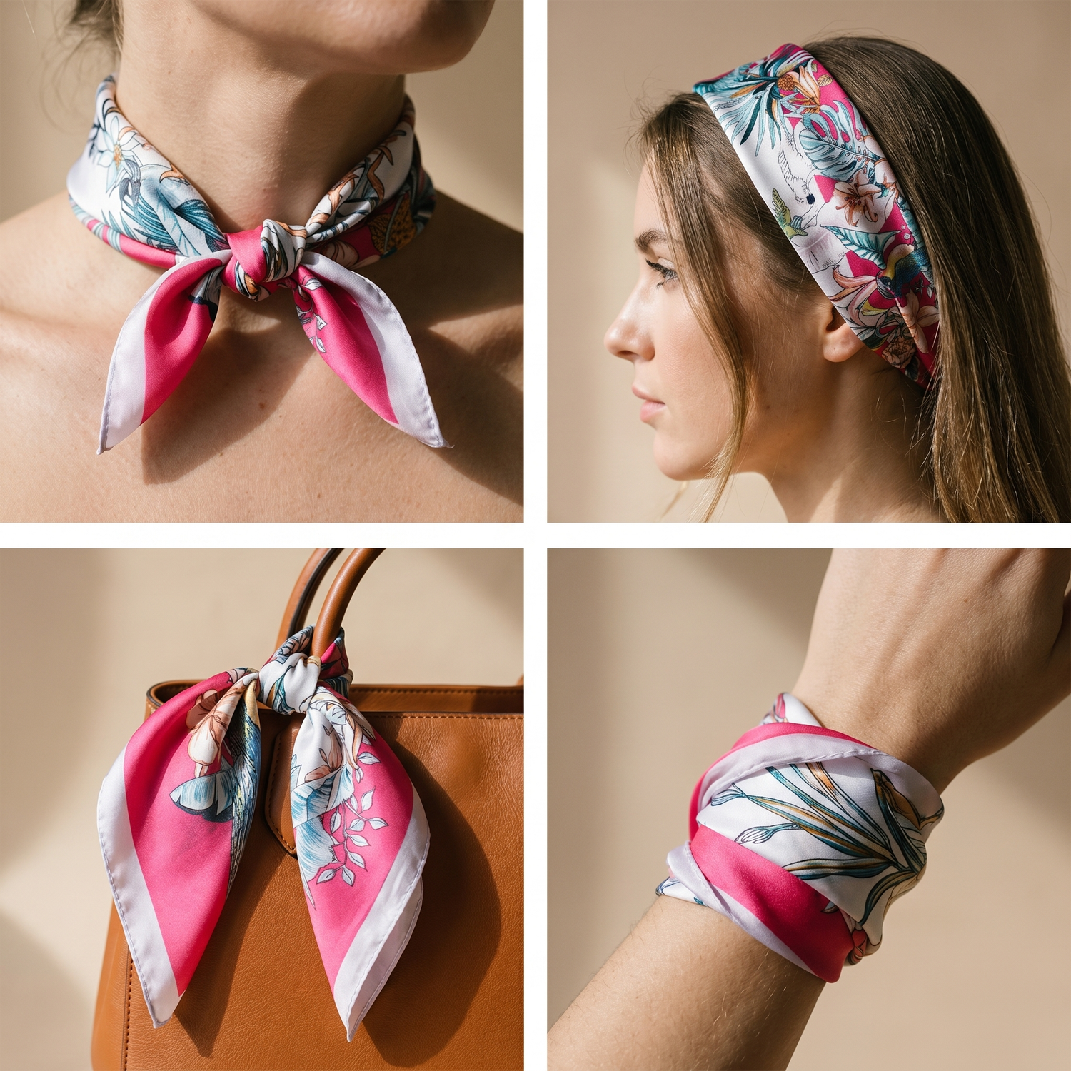 Roselys Paris foulard femme rose bleu fleuri carré satiné 70x70 cm, en bandeau dans les cheveux