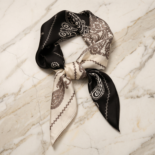 Roselys Paris foulard femme noir crème paisley carré satiné 70x70 cm